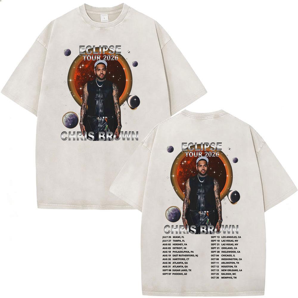Rapper Chris Brown Eclipse Tour Merchandising Concerto Maglietta Lavata Vintage Regali per Fan Uomo Donna Moda Hip Hop Magliette Oversize