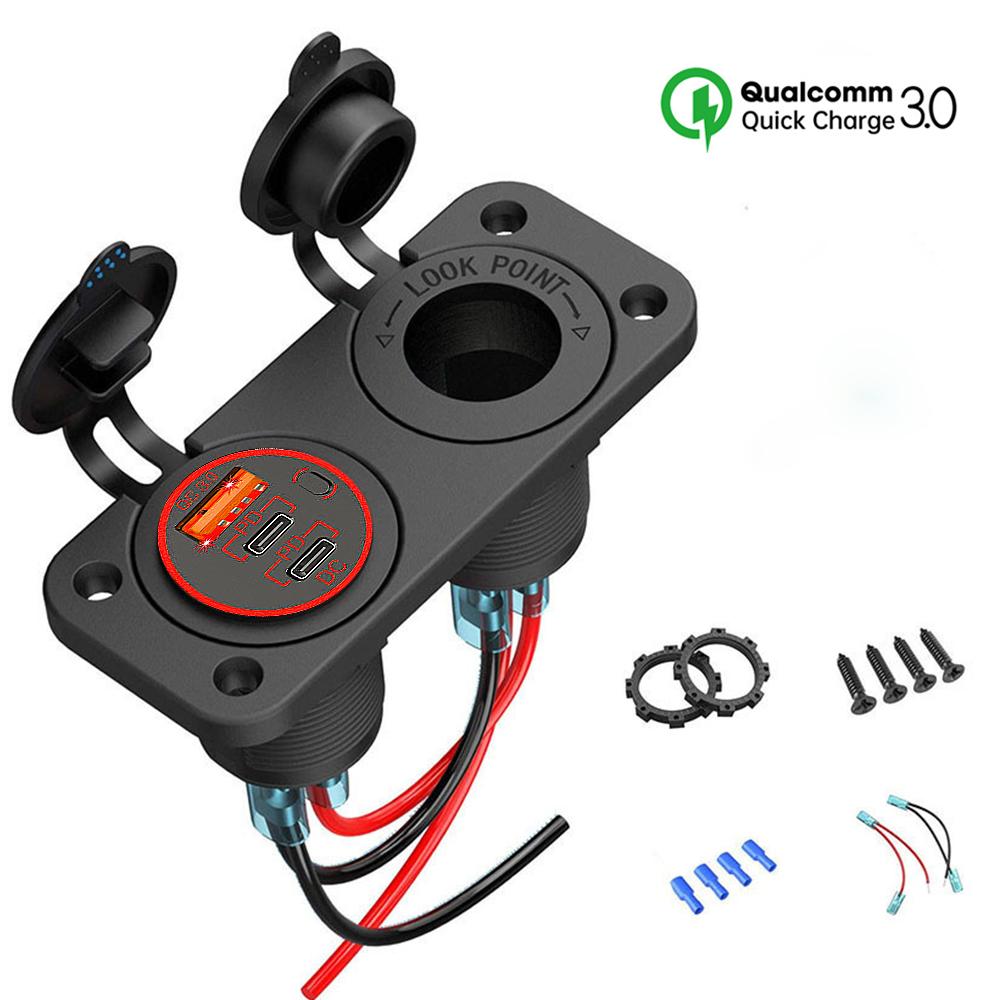 12V USB Socket Panel Quick Charge 3.0 Dual PD USB Car Charger Socket Outlet Cigarette Lighter Adapter for Car Boat RV Motorcycle