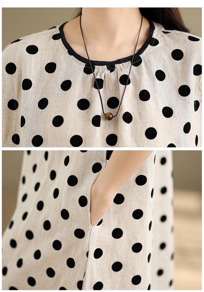 2026 Polka Dot Cotton & Linen Summer Dress: Women's Casual Slim-Fit Mid-Length
