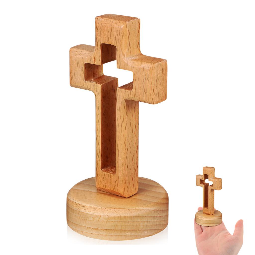 Wooden Cross Ornament Hollow Design Natural Color Standing Wood Cross for Home Church Decoration Religious Gift
