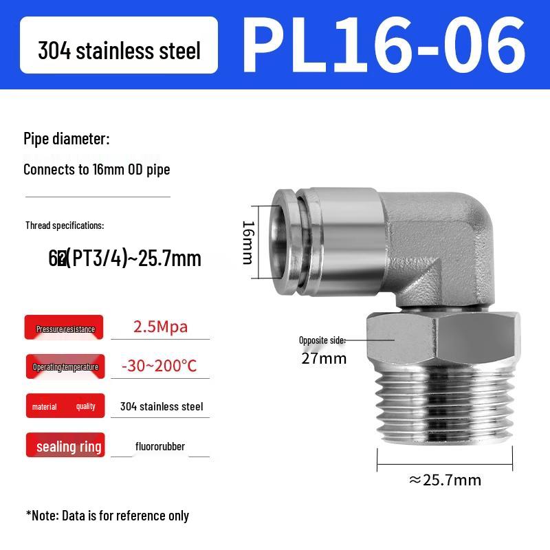 304 Stainless Steel Pneumatic Quick Push-in Connector, PC16-06/PC8-02 Swivel Elbow, PL6-M5/04