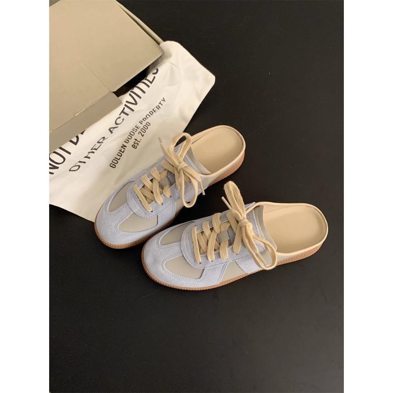 Leather Retro Color Matching Bag Head Half Slippers Women's Summer Wear New Flat-bottomed One-pedal Casual Shoes