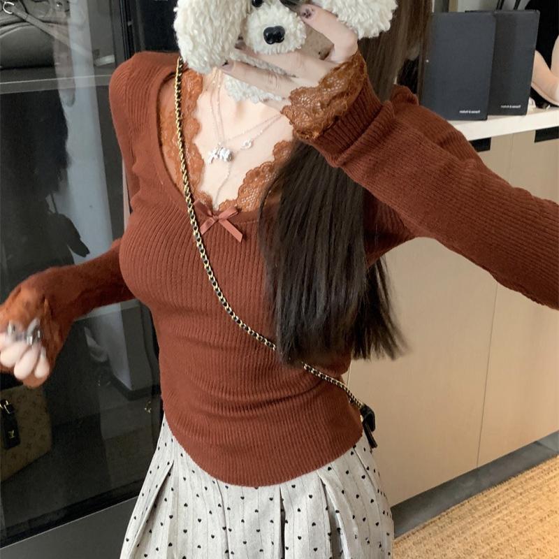 Jersey de Punto Casual de Encaje con Cuello en V para Mujer Otoño e Invierno Nuevo Jersey de Punto Ajustado para Mujer Tops Elegantes Sólidos Vintage Jerséis de Señora 25865