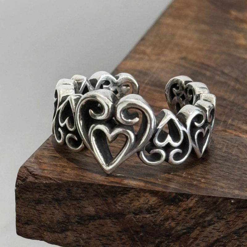 Yintai Fei Retro Thai Silver Floral Heart-Shaped Open Ring Adjustable