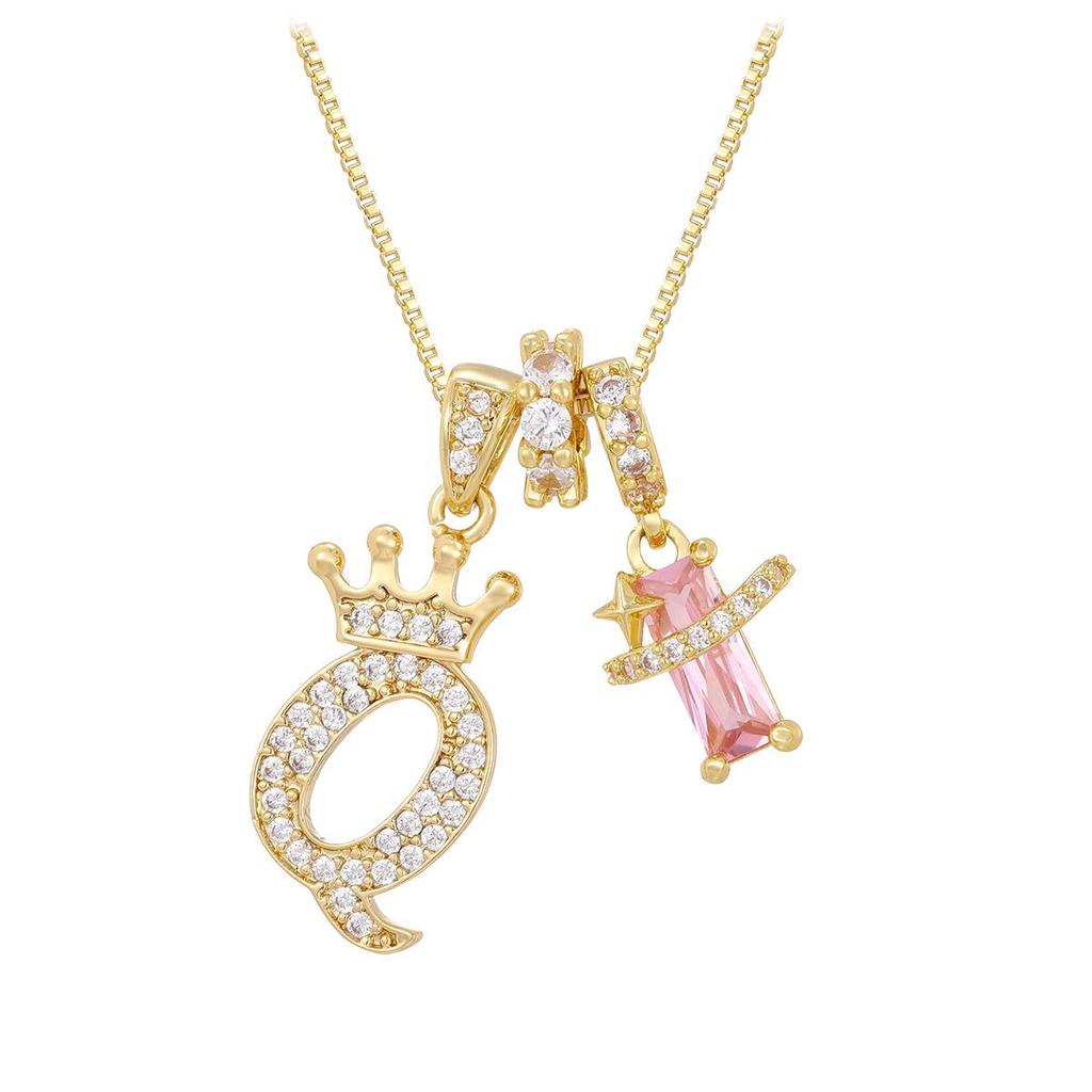 Copper Zirconia Letter Necklace with Gold-Plated Crown Pendant – Fashionable 26-Letter Accessory