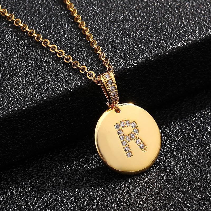 Letter Necklace Fashion 26 One Letter Copper Inlaid Cubic Zircon Vacuum Plating Stainless Steel Chain Necklace