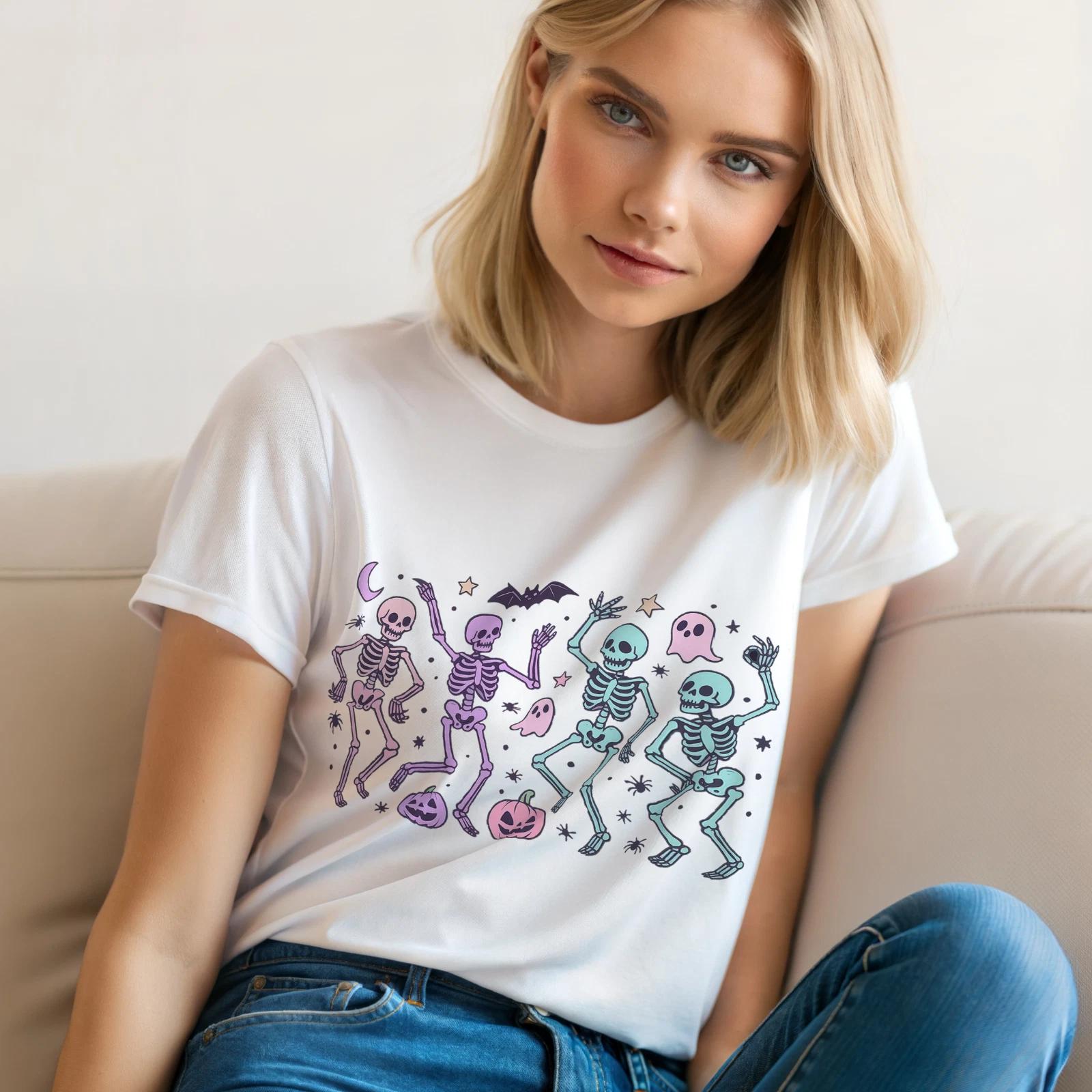 Halloween Dancing Skeleton T-Shirt – Cute Pastel Ghost Bat Pumpkin GraphicTee A8 S