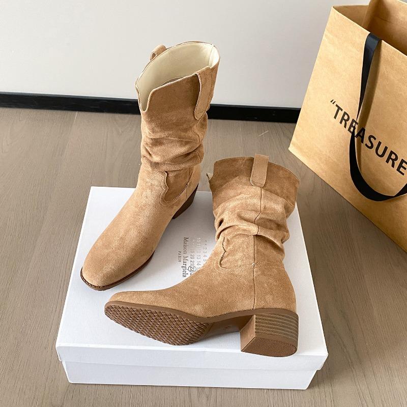 New Retro Coffee Stacking Boots Western Cowboy Boots Medium Tube Women's Boots Small Inner Height Increasing Fashion Boots