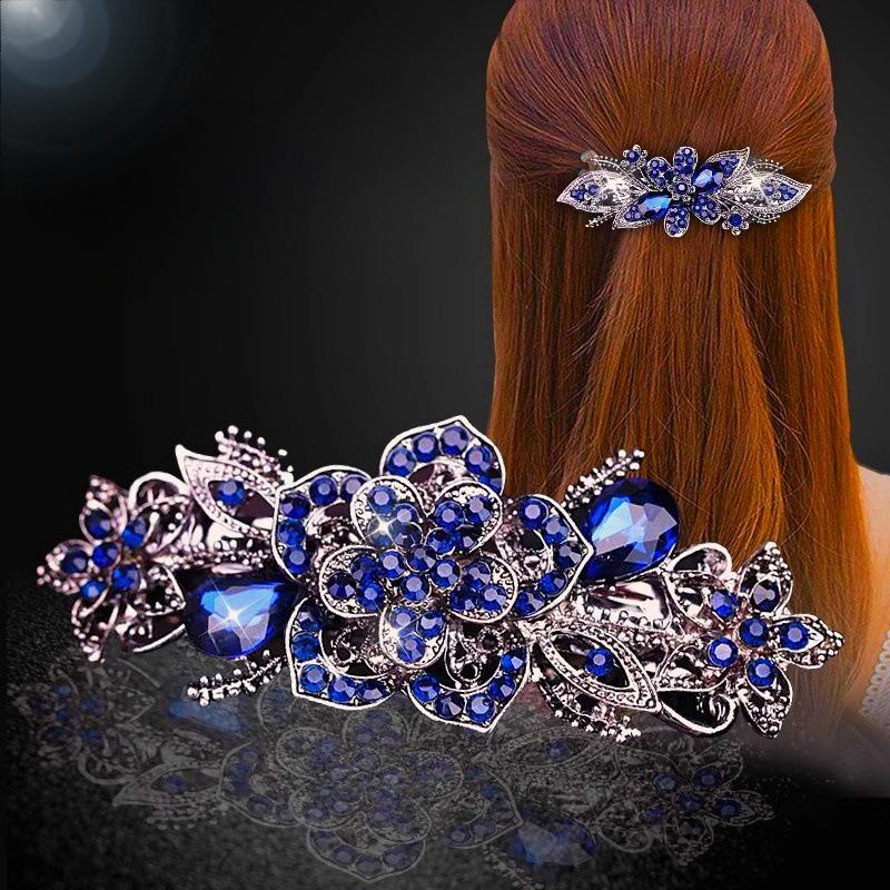 Retro Elegant Crystal Hair Clip - Large Size Horizontal Spring Ponytail Clip for Women