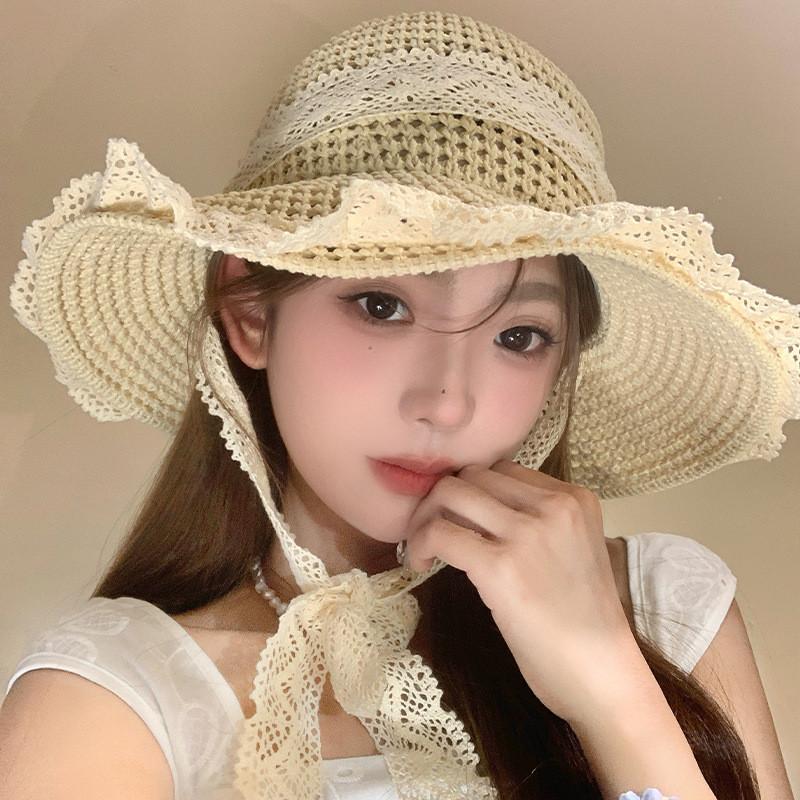 Stylish Khaki And Brown Straw Hat For Women With Lace Up Design For Summer Outings