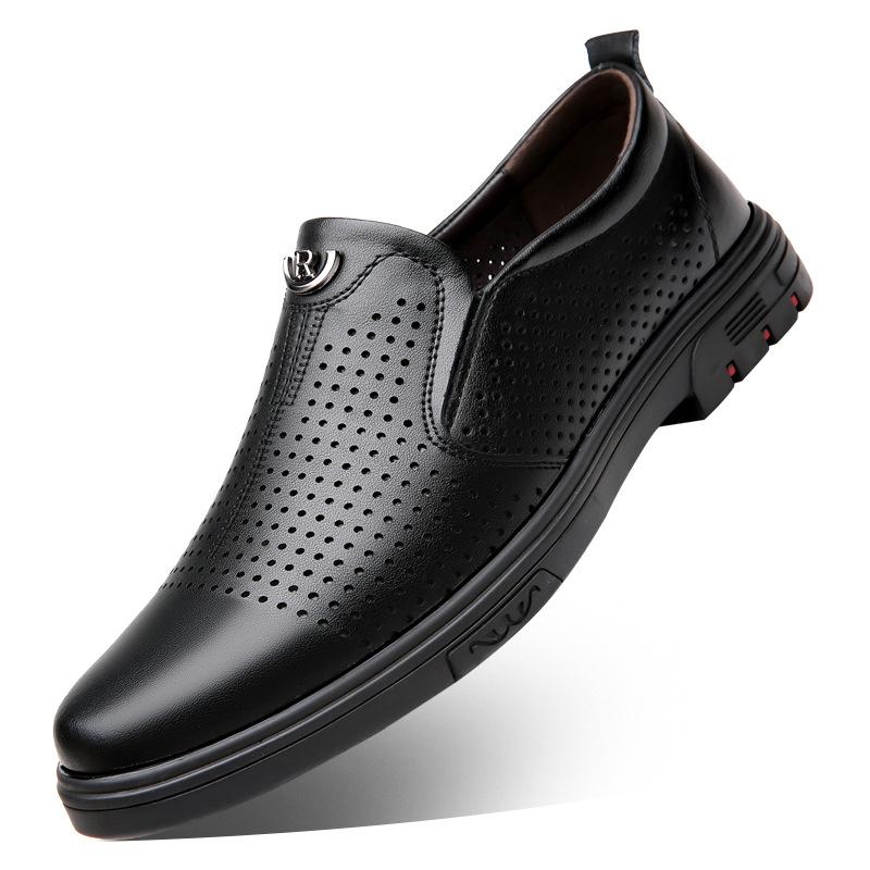 

Кожаные туфли мужские летние 2024 года, новые деловые повседневные туфли для джентльменов, полые дышащие кожаные мужские сандалии с отверстиями из кожи 38