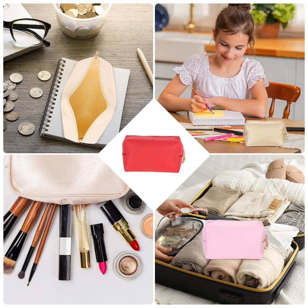 uxcell PU Leather Square Makeup Waterproof Cosmetic Organizer Bag with Makeup Brush Holder for Women Pouch, Zipper, (Pink, Small)