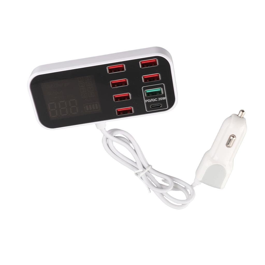 40W Multiple USB Car Charging Station 8 Ports USB Car Display Charger Adapter QC3.0 and Type C PD Car Charger Adapter