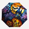 Halloween Stained Glass Window Decal - Spooky Pumpkins, Bats, Haunted House, Moon, Umbrella