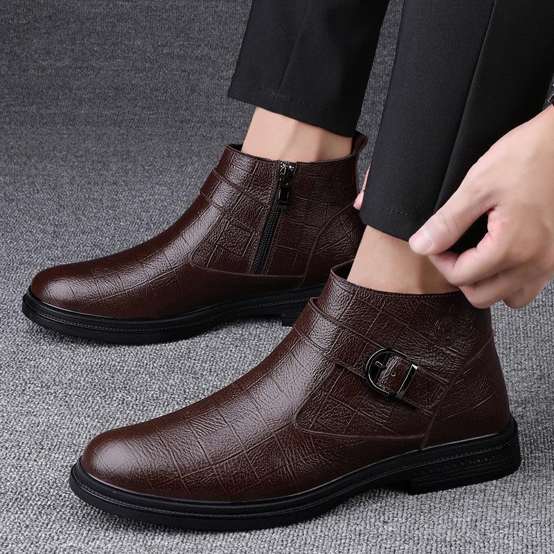 Men's British Style Mid-High Top Layer Cowhide Martin Boots, Autumn/Winter Leather, Plus Velvet, Zipper Short Boots