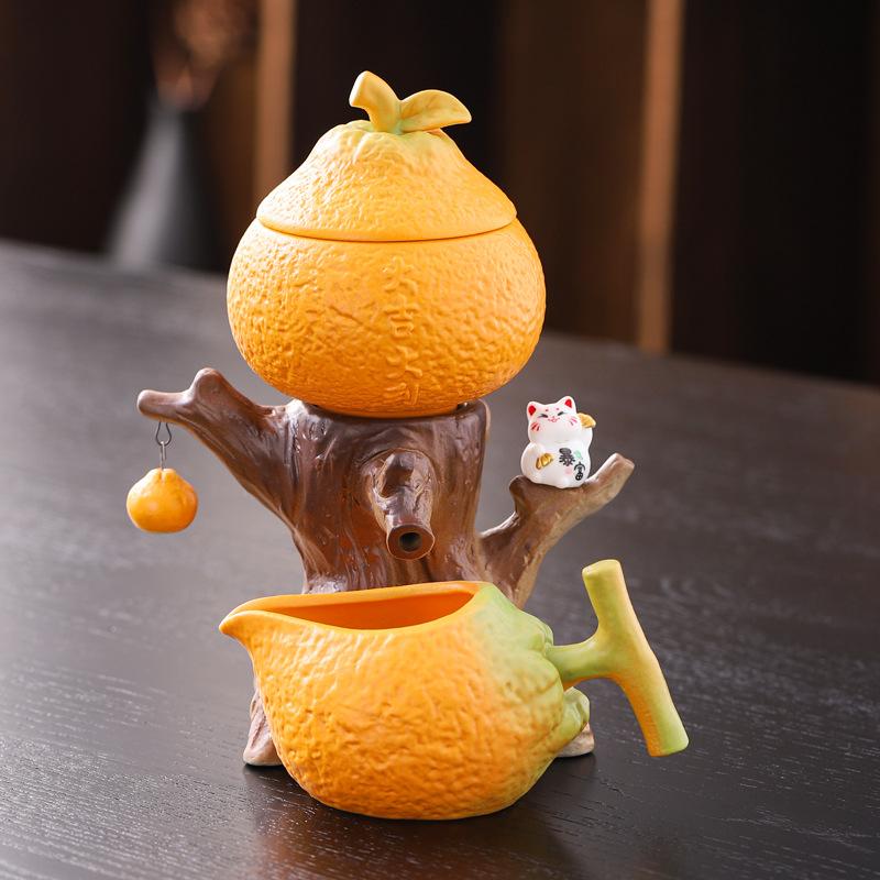 Ceramic Lucky Lazy Semi Automatic Kung Fu Teapot for Home Tea Drinking Anti Scalding Stone Grinding Tea Set