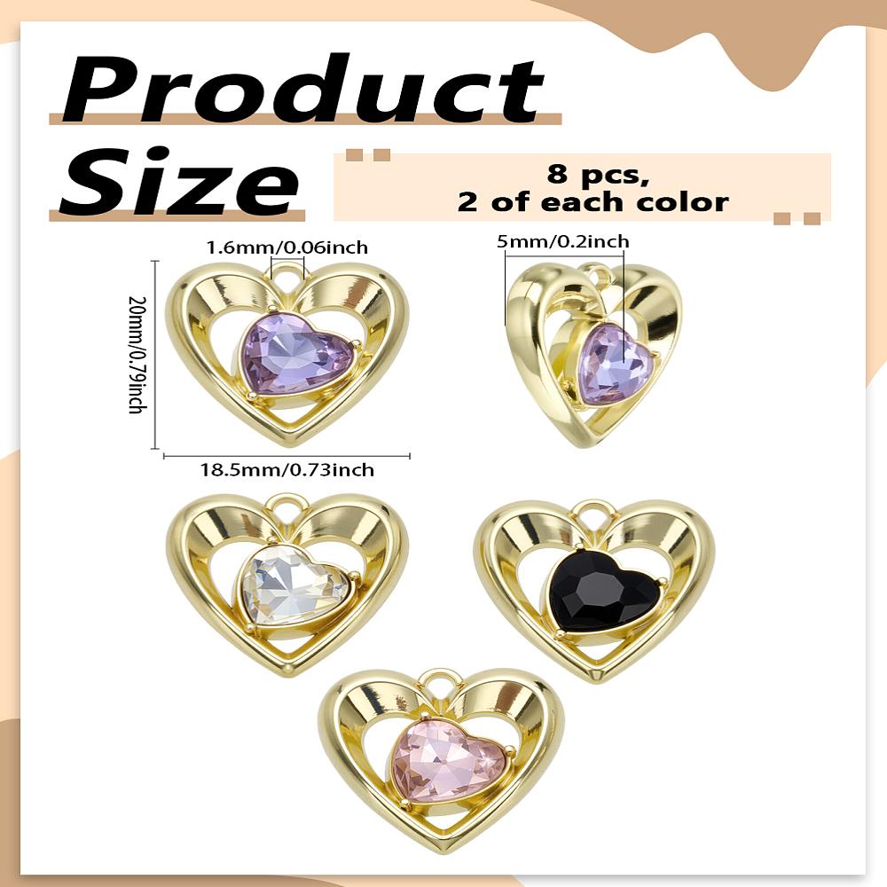 8Pcs 4 Colors Alloy Pendants Glass with Heart Charms Mixed Color 20x18.5x5mm Hole: 1.6mm 2pcs/color