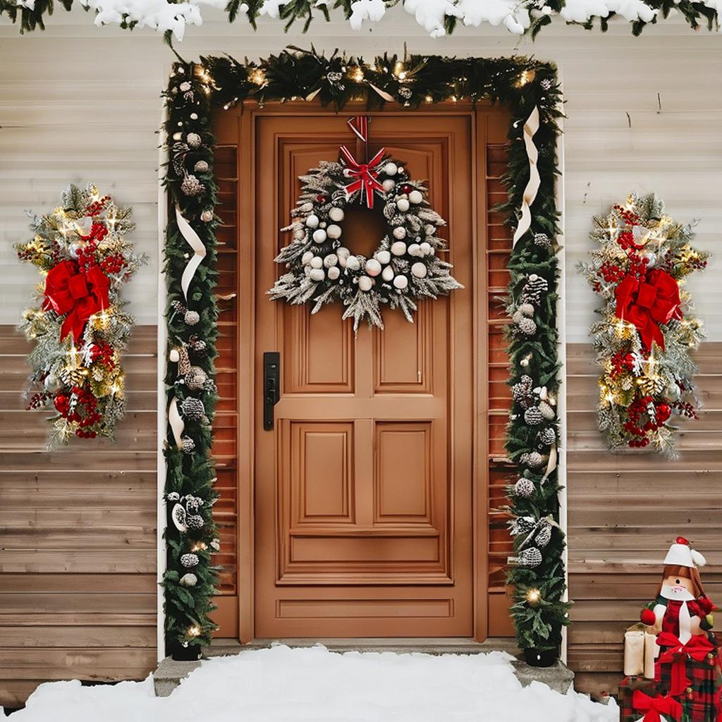 1Pc Artificial Christmas Teardrop Swag Christmas Wreath with Christmas Balls&Bow Large Garland Swag Ornament for Front Door Windows Wall Hanging Decor