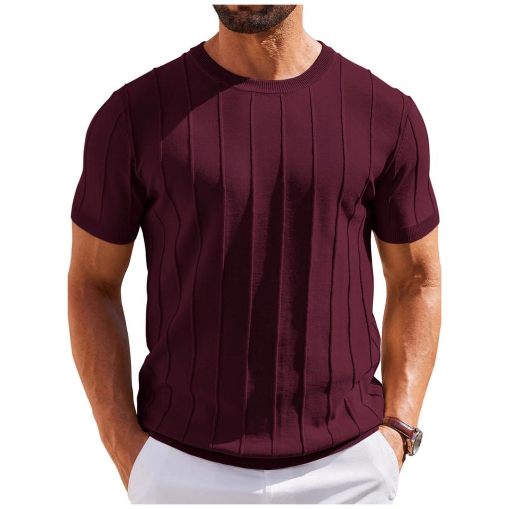 Neuer Herren-Strickpullover mit kurzen Ärmeln, Hochwertiges vertikal gestreiftes T-Shirt-Top für Herren mit hohem Halsausschnitt