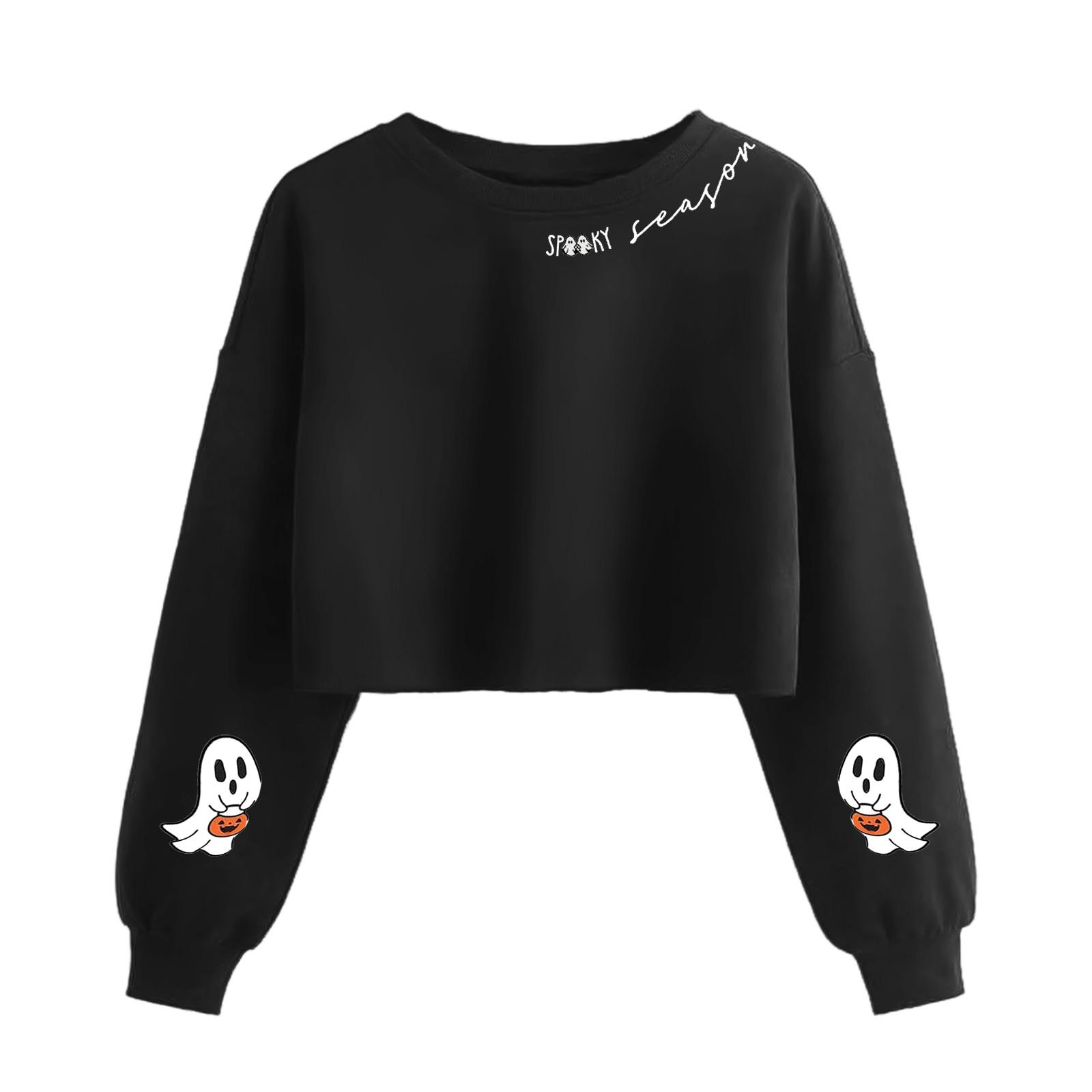 

Женский модный пуловер с длинными рукавами и жутким принтом на Хэллоуин, открывающий живот M чёрный