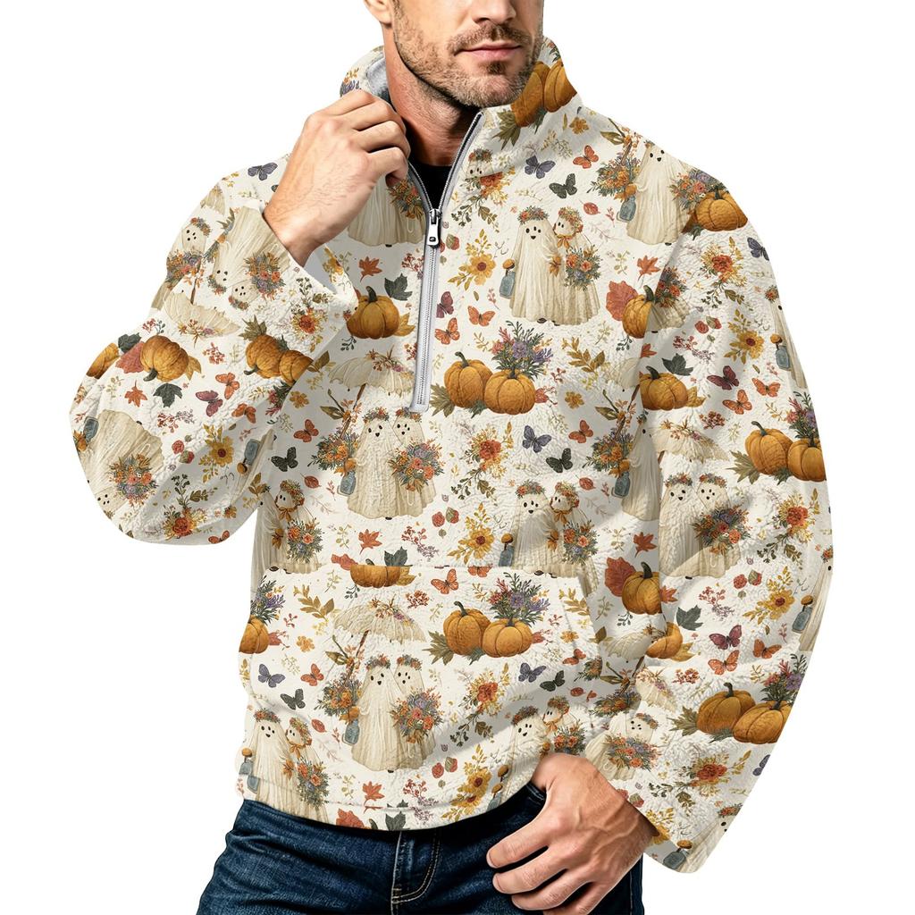 Men's Halloween Print Flannel Zip-Up Sweatshirt, Plus Size Stand Collar Casual Fall Winter Top