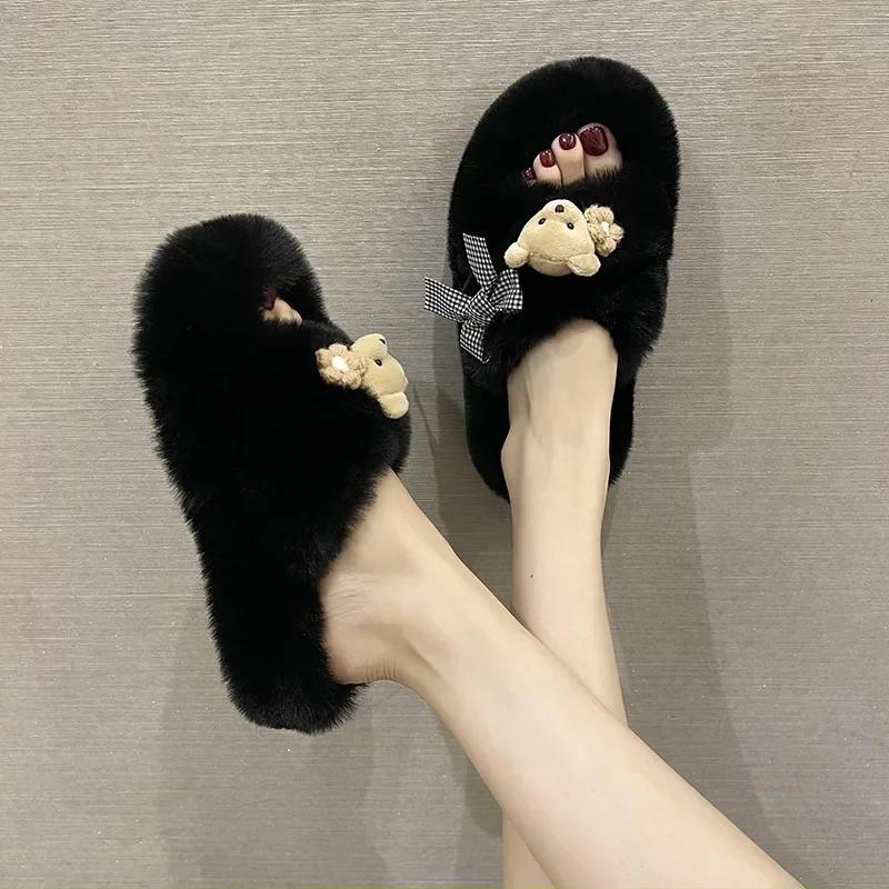 Papuci de Iarnă la Modă Femei Urs Drăguț Cruce Papuci cu Blană Pufoasă Diapozitive de Casă Platformă Plată Interior Podea Șlapi Femei Pantofi Dama88