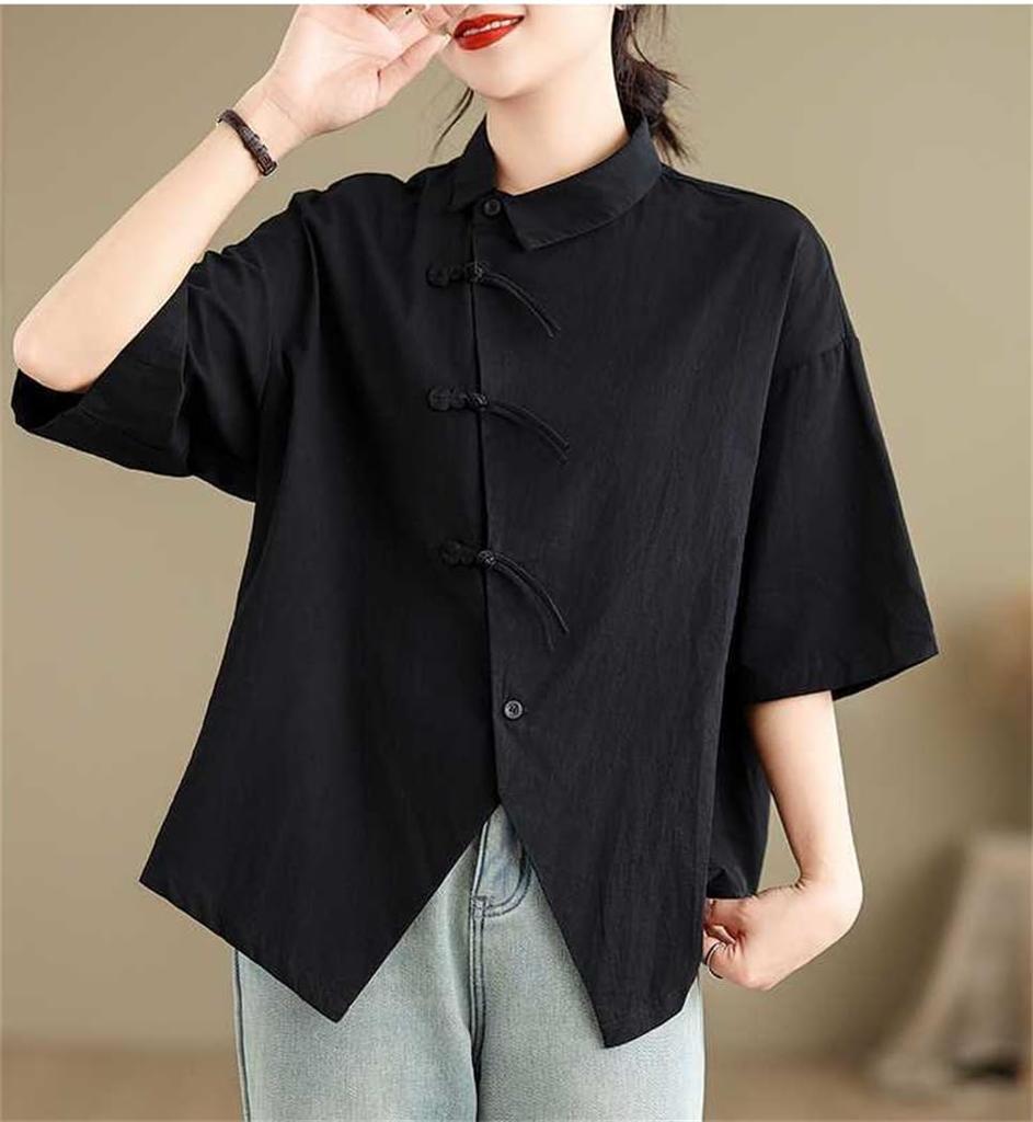 Short Chinese Summer Short Chinese Shirt Chinese Body Summer [Moufokyou] Women's Shirt, Sleeve, Button, Top, Sleeve, Style, Blouse, Commuting, Casual,