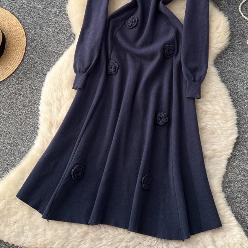 Autumn Winter Women Elegant 3D Flower Knitted Sweater Pullover Long Midi Christmas Party Dresses