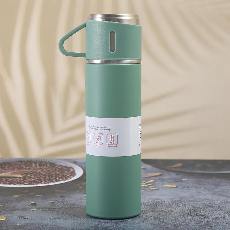 500ML 3-Tassen-Deckel Outdoor Heißwasser Thermoisolierung Neue Edelstahl-Vakuumflasche Geschenkset Thermoskanne Business-Stil