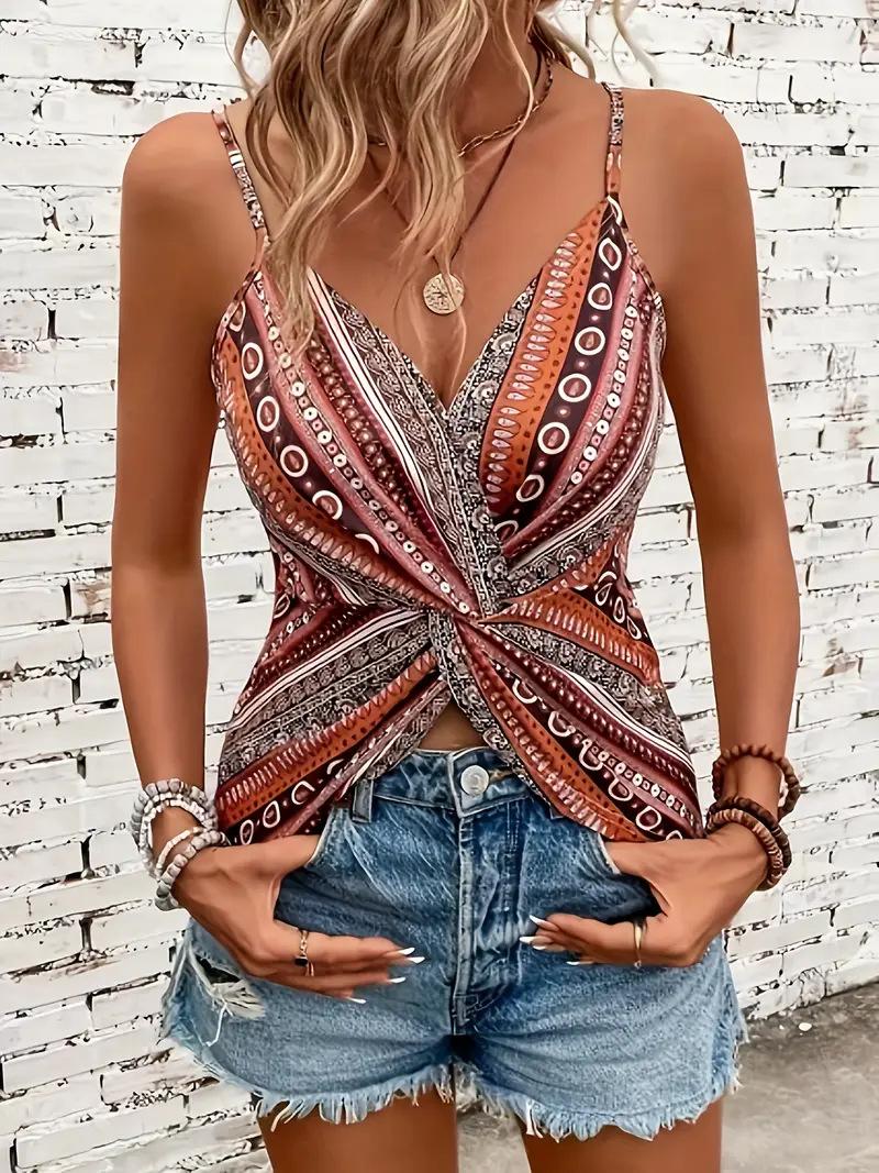 Summer Ethnic Retro Style Women s Sexy V-neck Chain Printed Front Twisted Back Camisole Top XS кофейный