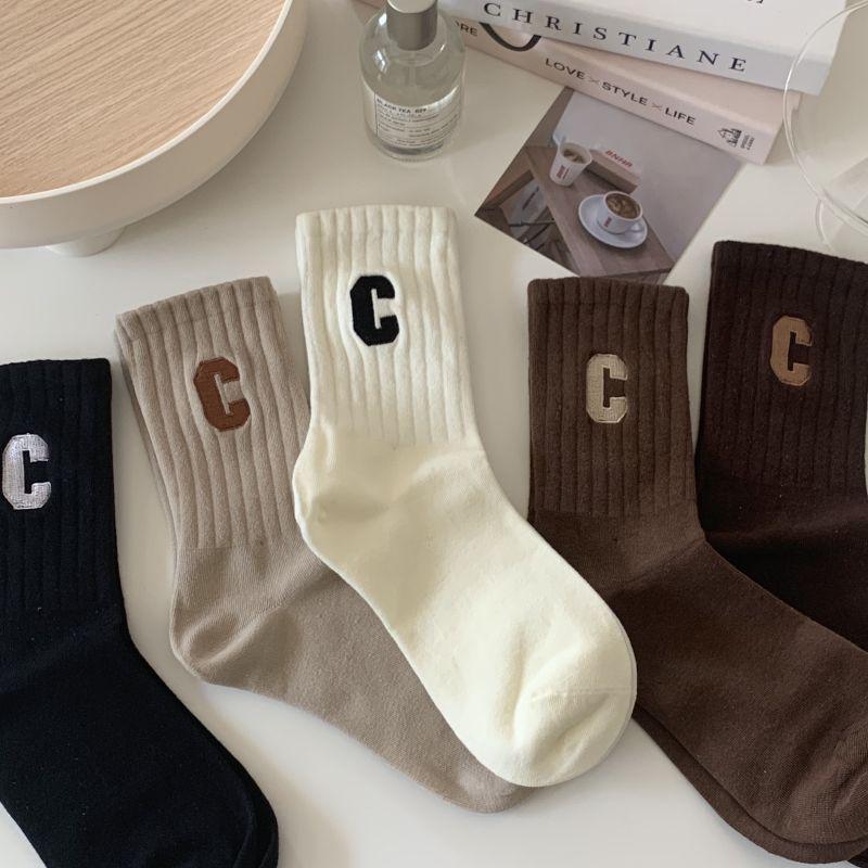 Women's Pure Cotton Embroidered Striped Mid-Calf Socks - Trendy and Breathable Design
