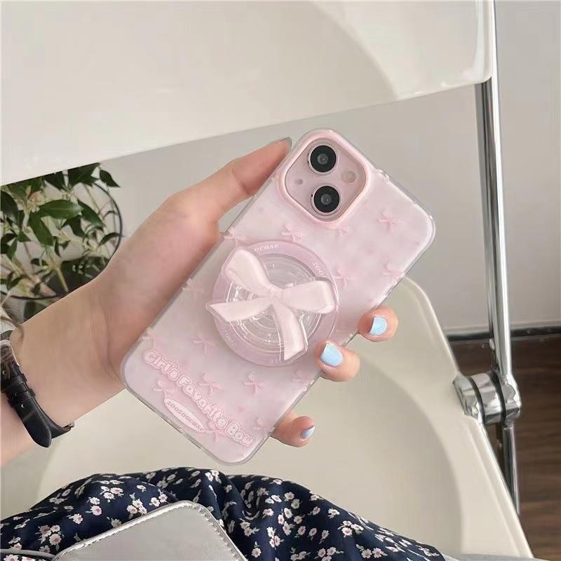 Magnetic pink bow phone case with holder For iPhone 11 12 13 14 15 16 17 Pro max