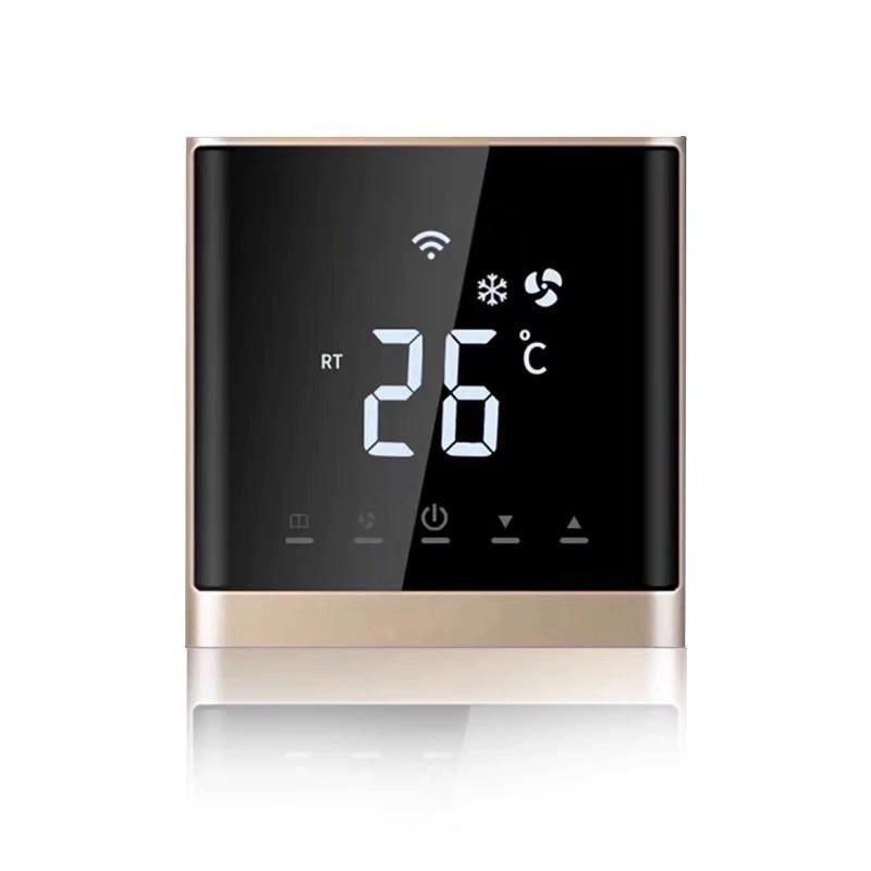 Smart WIFI touch screen thermostat with three-speed fan coil control for central air conditioning remote management.