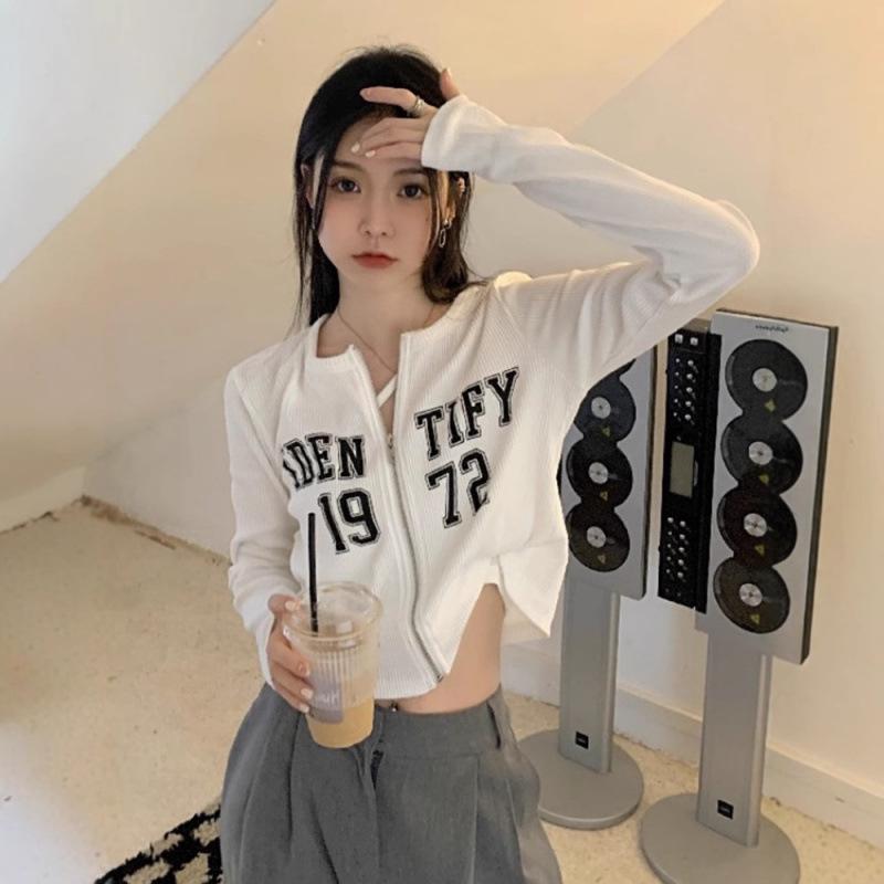 Women's Letter Print Cropped Zip-Up Cardigan Jacket - Slimming Long Sleeve T-Shirt Style Top