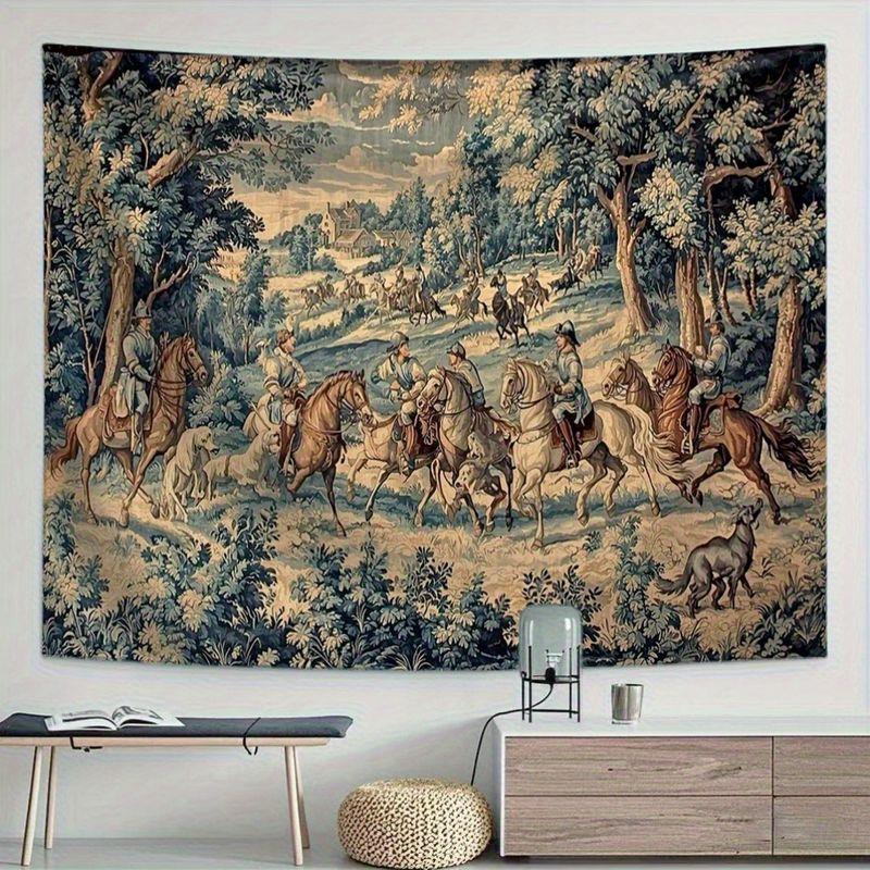 Vintage European Hunting Tapestry Medieval Rider Horse Forest Scene Wall Hanging Retro Home Living Room Decor