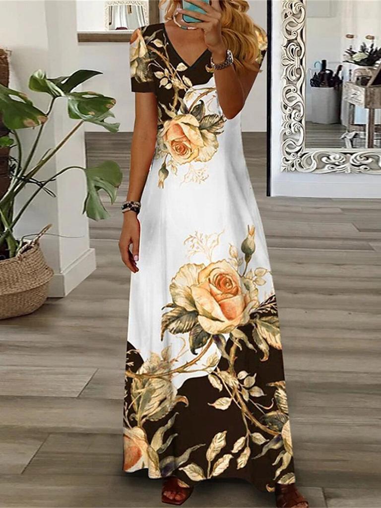 Women's Floral Print V-Neck Short Sleeve Maxi Dress Casual Summer Dress with Rose Pattern In Multi Colors