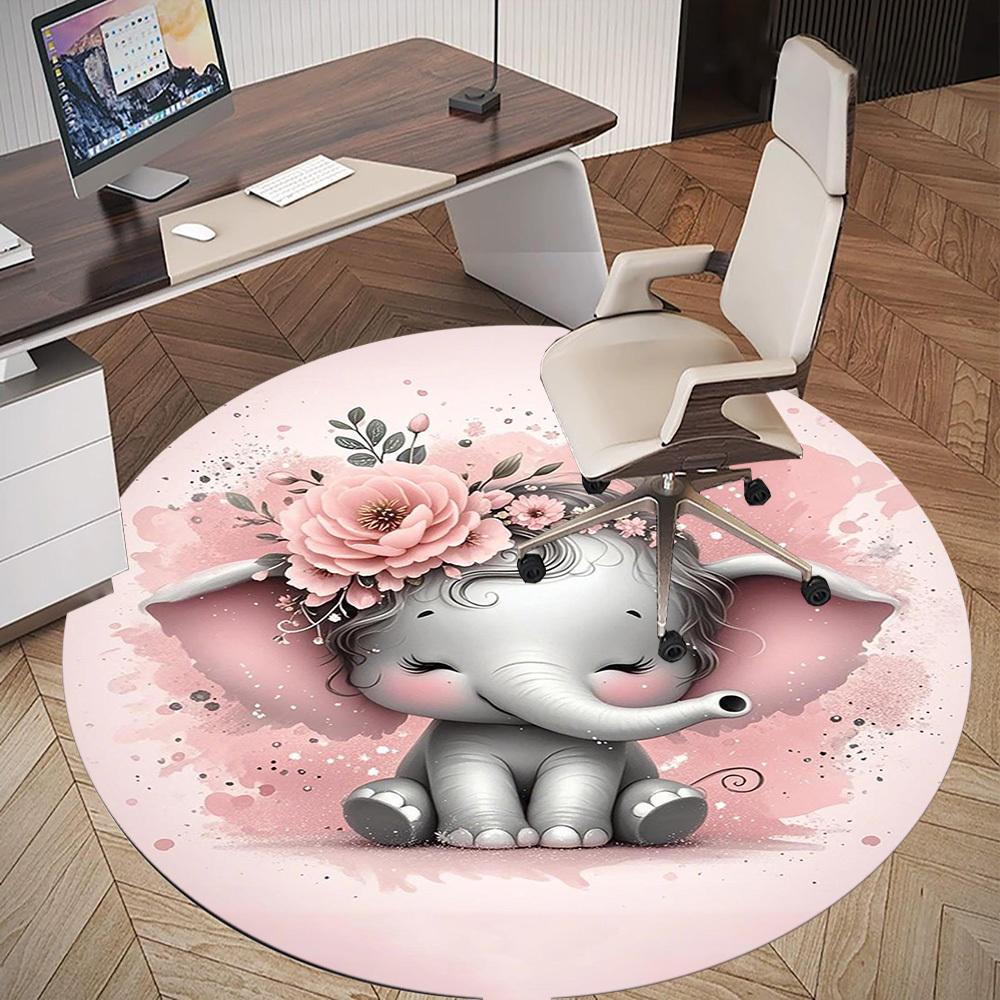 1PC Elephant Flowers Pink Round Chair Mat Area Rug - Non-Slip, Floor Mat for Office, Bedroom, Home Decor Christmas Gift C0528092