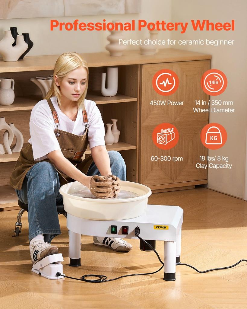 Pottery Wheel, 14 in Ceramic Wheel Forming Machine, 60-300 RPM Adjustable Speed with Foot Pedal Control, Detachable Basin, Adjustable Lift Leg,
