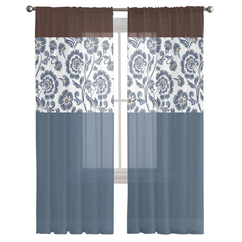 Retro Indigo Pattern Tulle Curtains Balcony Room Fashion Printed Sheer Curtain Living Room Window Modern Decor