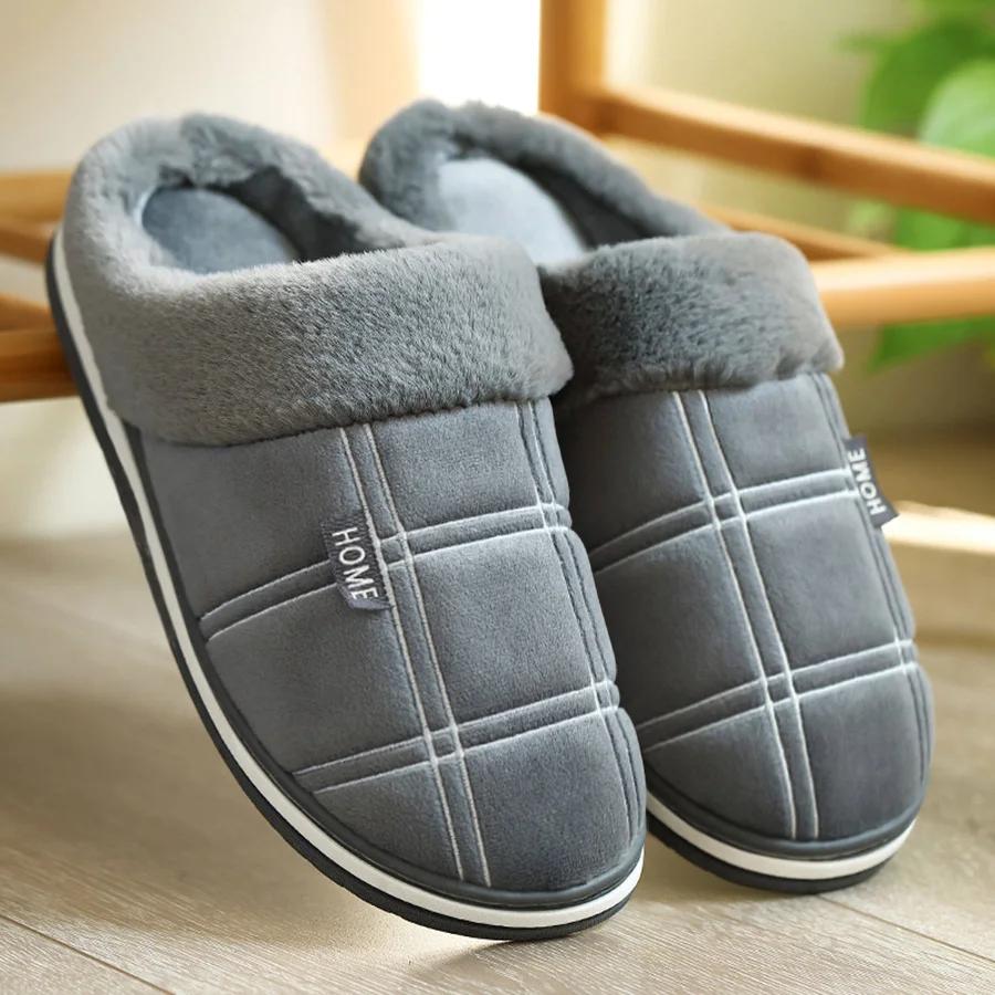 

Fashion Men Home Slippers Plaid Memory Foam Winter Plush Male Indoor Shoes Warm Soft Non-Slip Slippers Black Large size 50-51 Fashion 50-51 серый