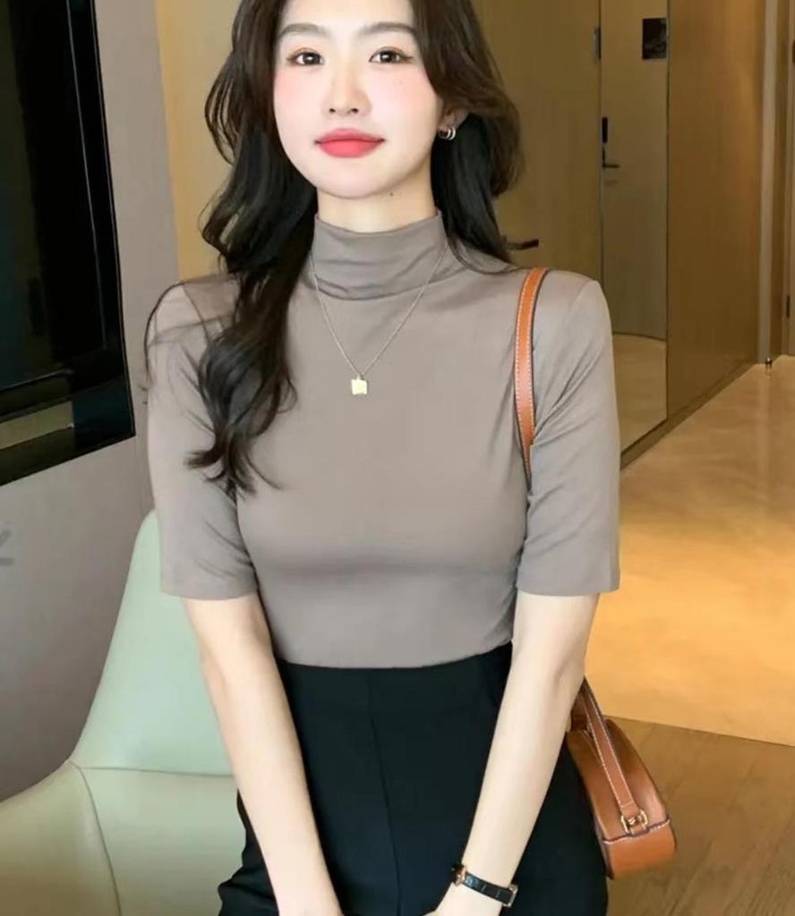 Women's Mock Neck Elbow Sleeve Solid Color Slim Fit Knit Top Korean Style Elegant Commuter Layering Shirt Multi Colors Optional