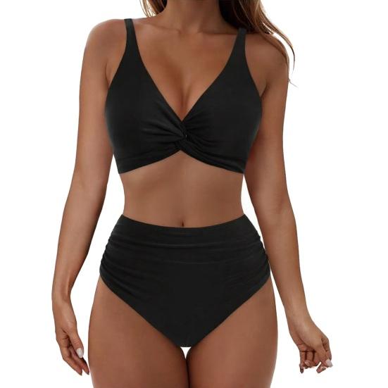 

2 шт./Набір Жіночий Роздільний Бікіні Глибоке V-подібне декольте Дизайн з перекрутом спереду Бюстгальтер Висока талія Трусики Комплект Швидкосохнуча Еластична тканина Купальний костюм для відпустки S