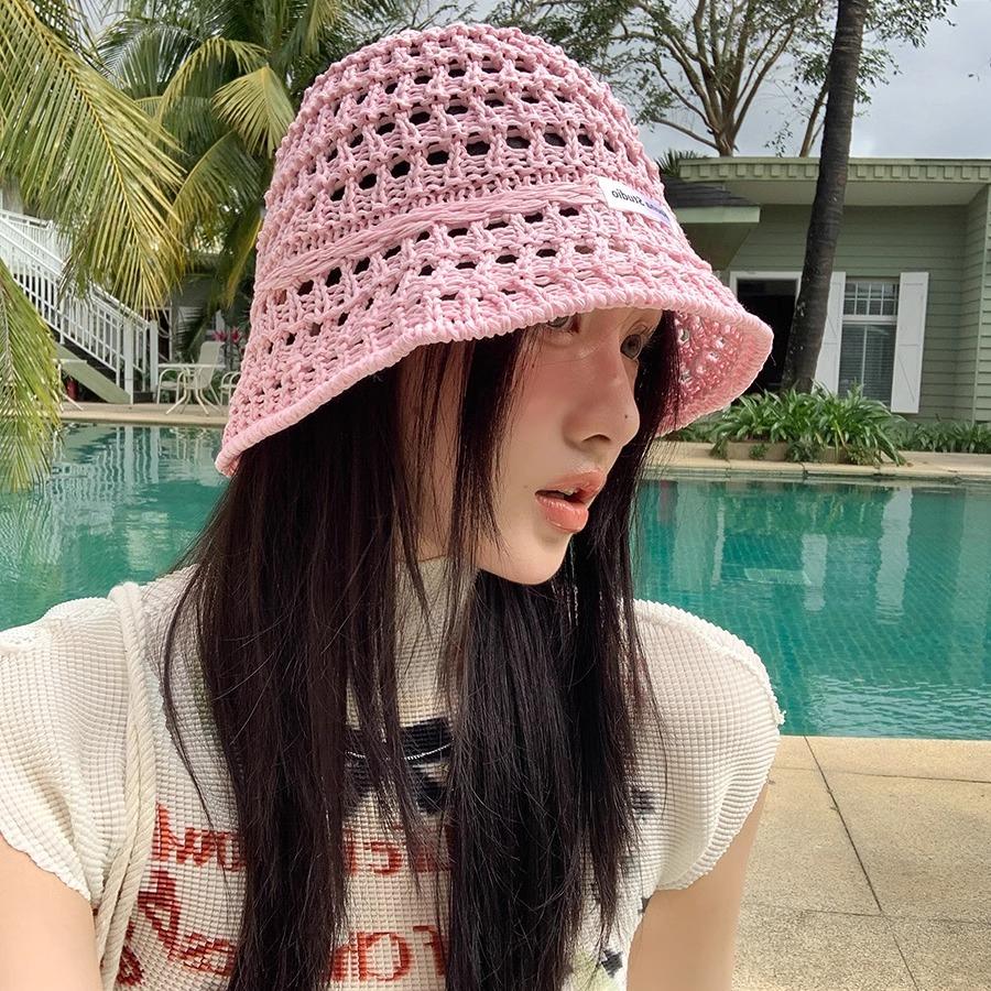 Hollow straw hat women's summer bucket hat sunshade sunscreen hat straw woven basin hat show face small bucket hat