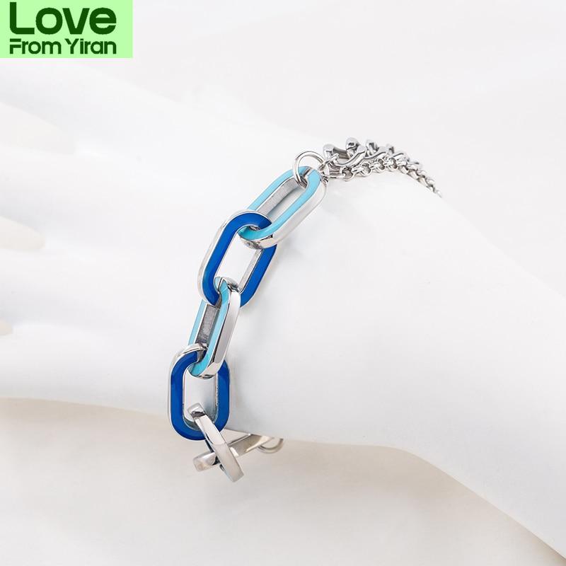 High Quality Punk Personality Trend Bangles Neutral Stainless Steel Splicing Bule Enamel Craft Chain Bracelets For Men And Women