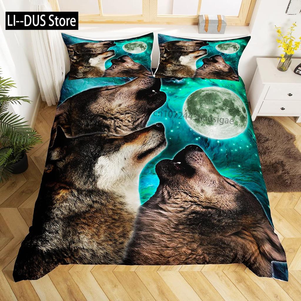 Galaxy Wolf Duvet Cover Set Full Size Bedding Set for Boys Girls Wolf Head Printed Duvet Cove Set 1 Quilt Cover 2 Pillowcases