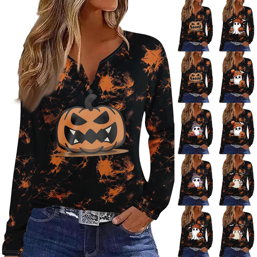 Women's Casual Long Sleeve T-Shirt with Halloween Print V-Neck and Button
