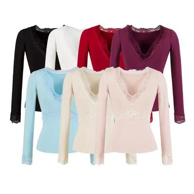 Women's Pure Desire V-neck Lace Trim Long Sleeve T-shirt - Slimming Sexy Base Layer for Spring/Autumn 2026