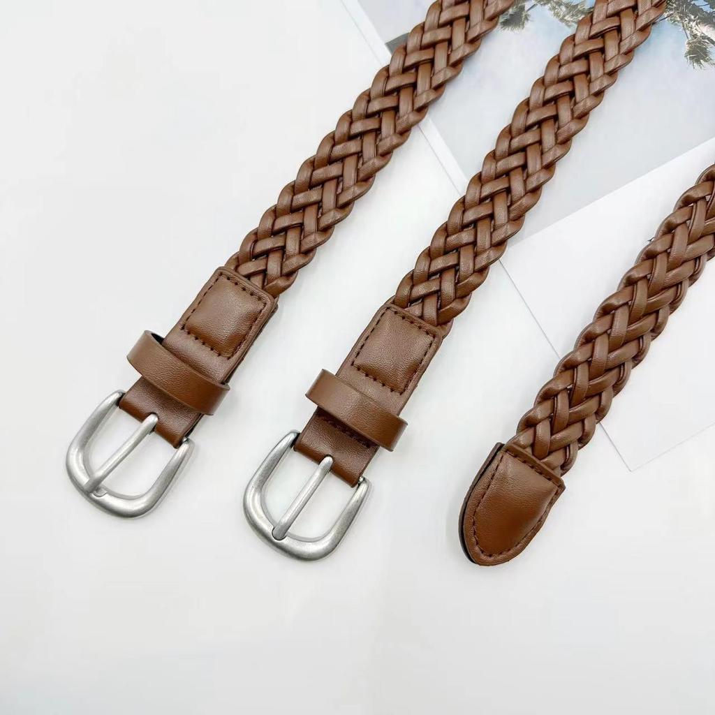 Women's Retro Brown Braided Leather Belt with Silver Needle Buckle - Versatile for Jeans and Casual Wear