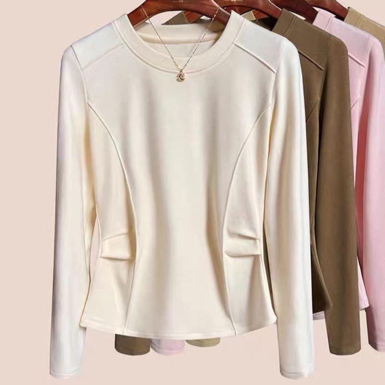 

Женская базовая футболка большого размера с круглым вырезом, бархатная базовая футболка, облегающая однотонная футболка с эластичной тканью и длинным рукавом 5XL абрикосовый