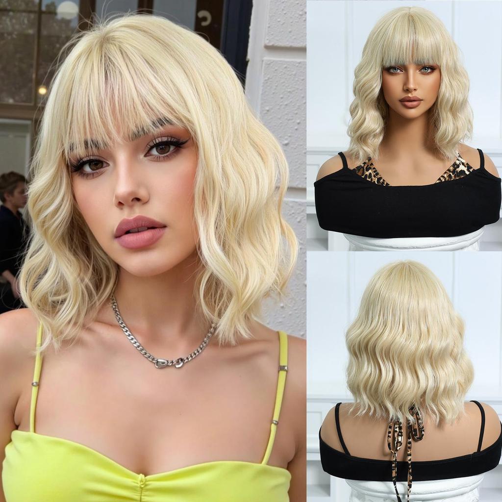 Short Wavy Blonde Bob Wig with Bangs for Women Synthetic Hair Daily Party Halloween